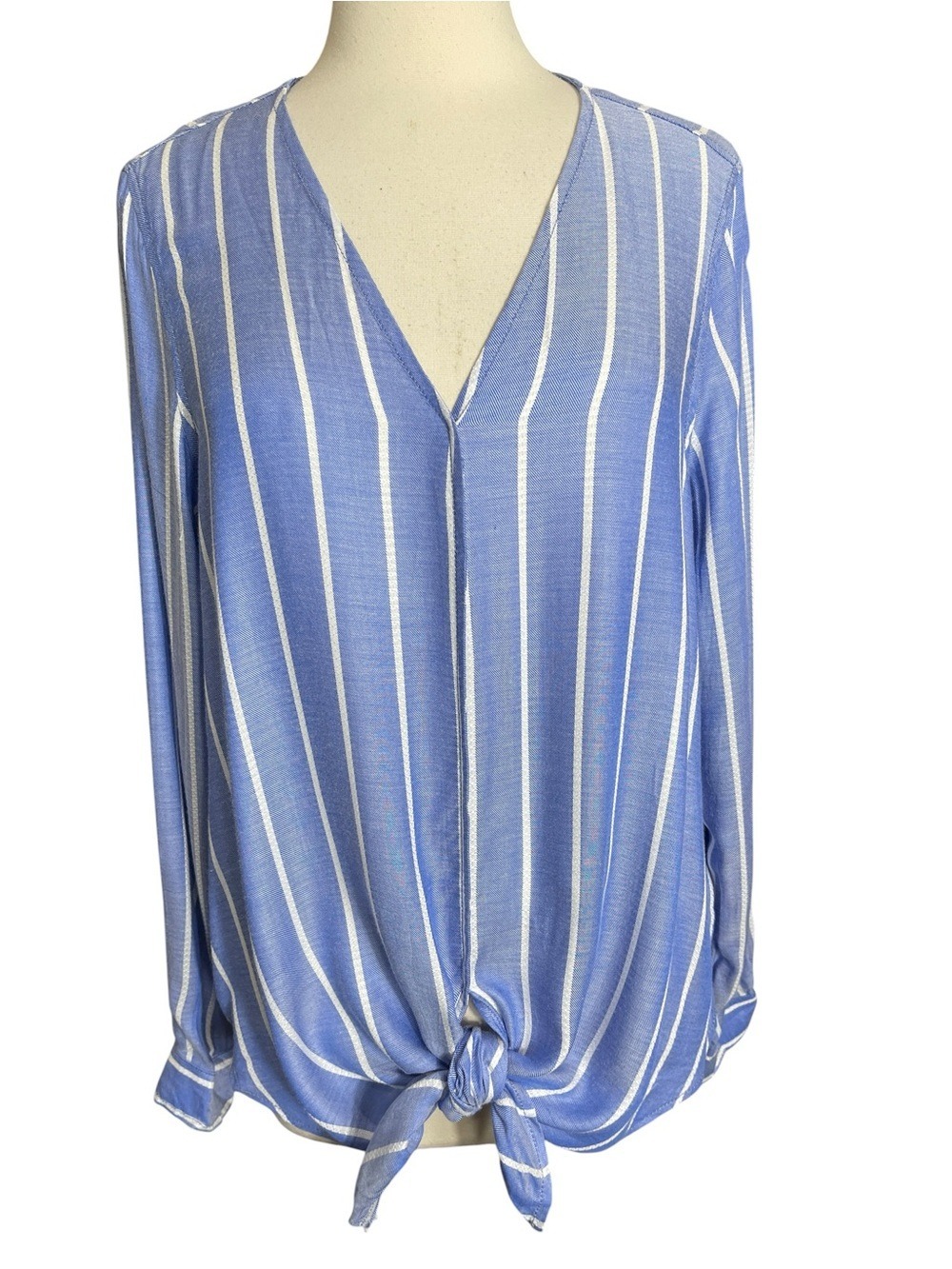 New Max Studio Front Tie Stripe V Neck Long Sleeve Top SZ L Blue White